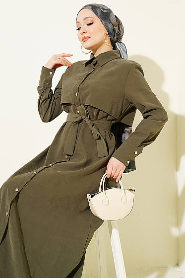 Boydan Düğmeli Parça Detaylı Kuşaklı Elbise Haki - Elbise