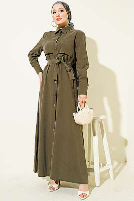 Boydan Düğmeli Parça Detaylı Kuşaklı Elbise Haki - Elbise