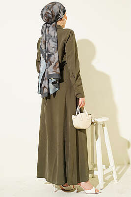 Boydan Düğmeli Parça Detaylı Kuşaklı Elbise Haki - Elbise