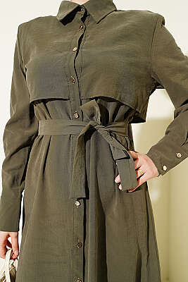 Boydan Düğmeli Parça Detaylı Kuşaklı Elbise Haki - Elbise