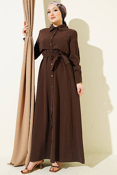 Boydan Düğmeli Parça Detaylı Kuşaklı Elbise Kahve - Elbise