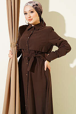 Boydan Düğmeli Parça Detaylı Kuşaklı Elbise Kahve - Elbise