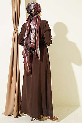 Boydan Düğmeli Parça Detaylı Kuşaklı Elbise Kahve - Elbise