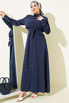 Boydan Düğmeli Parça Detaylı Kuşaklı Elbise Lacivert - ASME