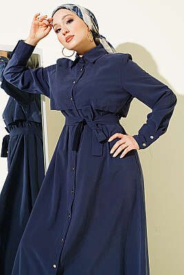 Boydan Düğmeli Parça Detaylı Kuşaklı Elbise Lacivert - Elbise