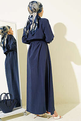 Boydan Düğmeli Parça Detaylı Kuşaklı Elbise Lacivert - Elbise