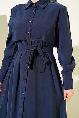 Boydan Düğmeli Parça Detaylı Kuşaklı Elbise Lacivert - Elbise