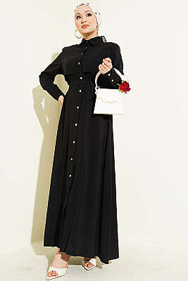 Boydan Düğmeli Parça Detaylı Kuşaklı Elbise Siyah - ASME