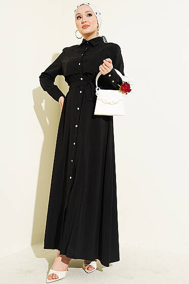 Boydan Düğmeli Parça Detaylı Kuşaklı Elbise Siyah - Elbise