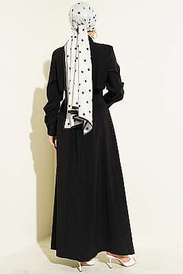 Boydan Düğmeli Parça Detaylı Kuşaklı Elbise Siyah - Elbise