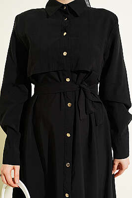 Boydan Düğmeli Parça Detaylı Kuşaklı Elbise Siyah - Elbise