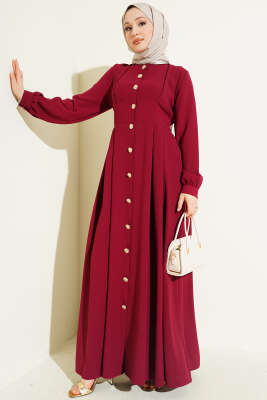 Boydan Düğmeli Pensli Elbise Bordo - EFSUN MODA