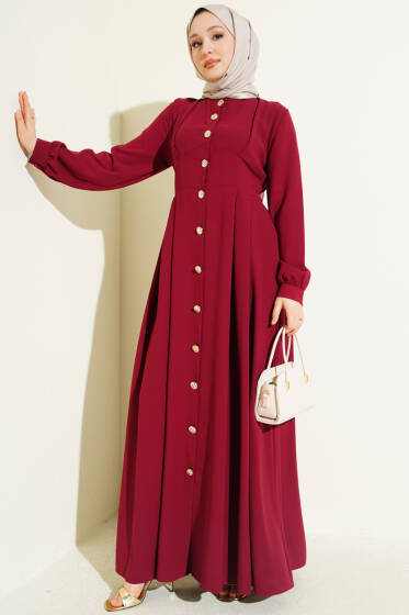 Boydan Düğmeli Pensli Elbise Bordo - Elbise