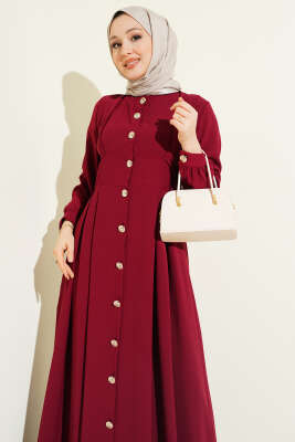 Boydan Düğmeli Pensli Elbise Bordo - Elbise