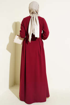 Boydan Düğmeli Pensli Elbise Bordo - Elbise