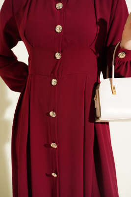 Boydan Düğmeli Pensli Elbise Bordo - Elbise