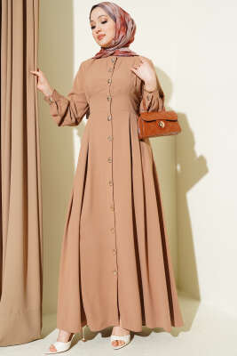 Boydan Düğmeli Pensli Elbise Kum Bej - EFSUN MODA