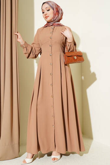 Boydan Düğmeli Pensli Elbise Kum Bej - Elbise