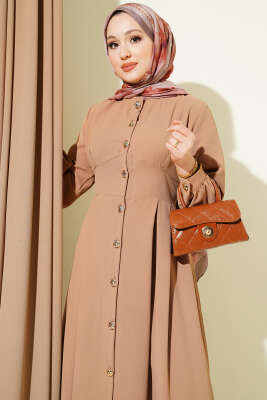 Boydan Düğmeli Pensli Elbise Kum Bej - Elbise