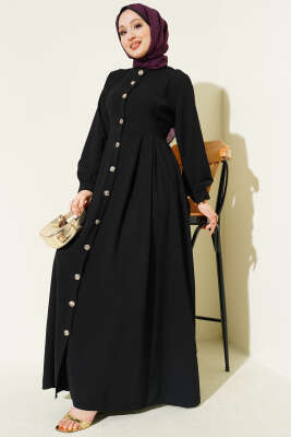 Boydan Düğmeli Pensli Elbise Siyah - EFSUN MODA