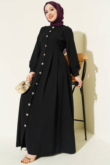 Boydan Düğmeli Pensli Elbise Siyah - Elbise