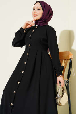 Boydan Düğmeli Pensli Elbise Siyah - Elbise