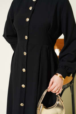 Boydan Düğmeli Pensli Elbise Siyah - Elbise