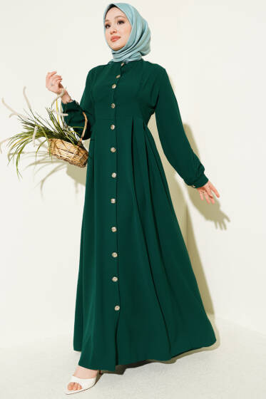 Boydan Düğmeli Pensli Elbise Zümrüt - Elbise