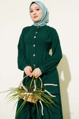 Boydan Düğmeli Pensli Elbise Zümrüt - Elbise
