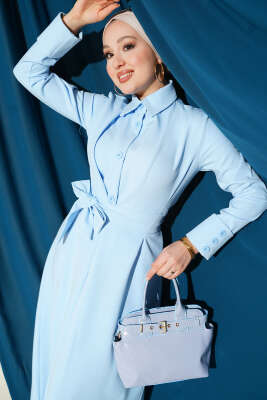 Boydan Düğmeli Pensli Kuşaklı Elbise Bebe Mavi - DENİZ LIFE