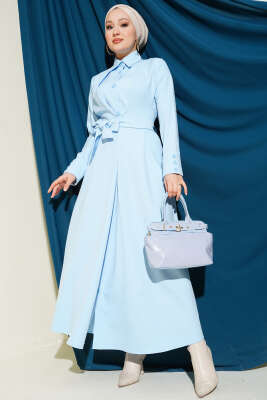 Boydan Düğmeli Pensli Kuşaklı Elbise Bebe Mavi - Elbise