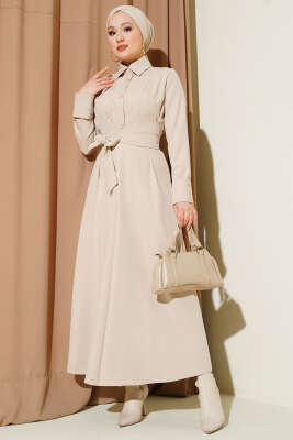Boydan Düğmeli Pensli Kuşaklı Elbise Bej - DENİZ LIFE