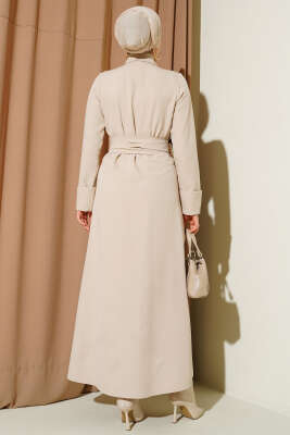 Boydan Düğmeli Pensli Kuşaklı Elbise Bej - Elbise