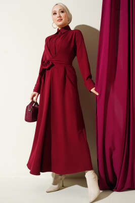 Boydan Düğmeli Pensli Kuşaklı Elbise Bordo - DENİZ LIFE