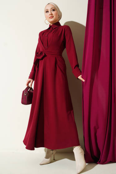Boydan Düğmeli Pensli Kuşaklı Elbise Bordo - Elbise