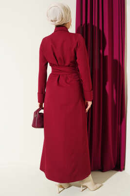 Boydan Düğmeli Pensli Kuşaklı Elbise Bordo - Elbise
