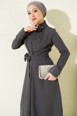 Boydan Düğmeli Pensli Kuşaklı Elbise Füme - Elbise