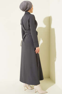 Boydan Düğmeli Pensli Kuşaklı Elbise Füme - Elbise