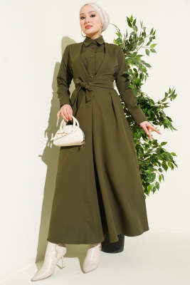 Boydan Düğmeli Pensli Kuşaklı Elbise Haki - DENİZ LIFE