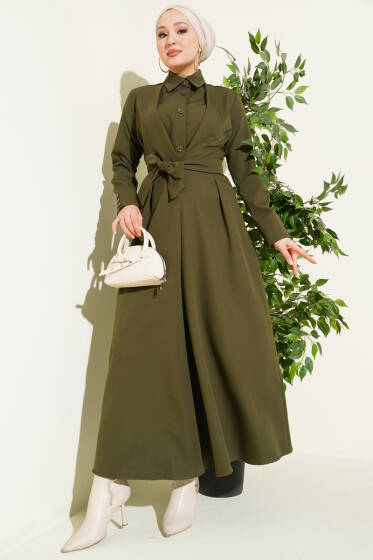 Boydan Düğmeli Pensli Kuşaklı Elbise Haki - Elbise