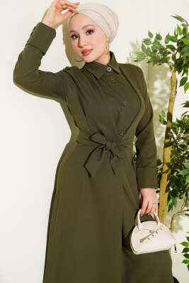 Boydan Düğmeli Pensli Kuşaklı Elbise Haki - Elbise