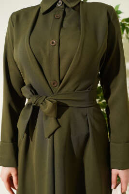 Boydan Düğmeli Pensli Kuşaklı Elbise Haki - Elbise