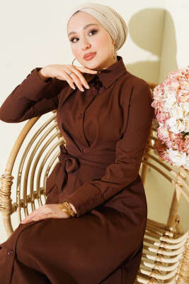 Boydan Düğmeli Pensli Kuşaklı Elbise Kahve - DENİZ LIFE