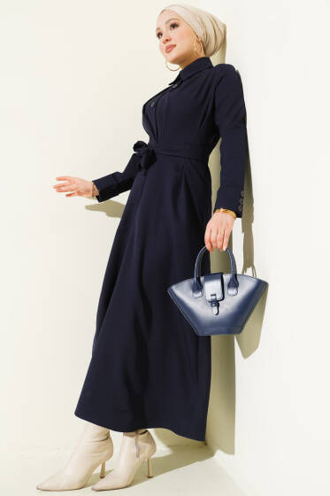 Boydan Düğmeli Pensli Kuşaklı Elbise Lacivert - Elbise