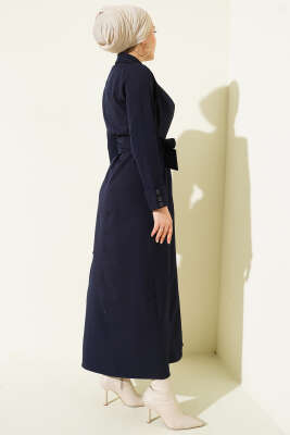 Boydan Düğmeli Pensli Kuşaklı Elbise Lacivert - Elbise