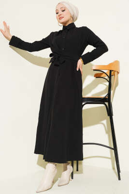 Boydan Düğmeli Pensli Kuşaklı Elbise Siyah - DENİZ LIFE