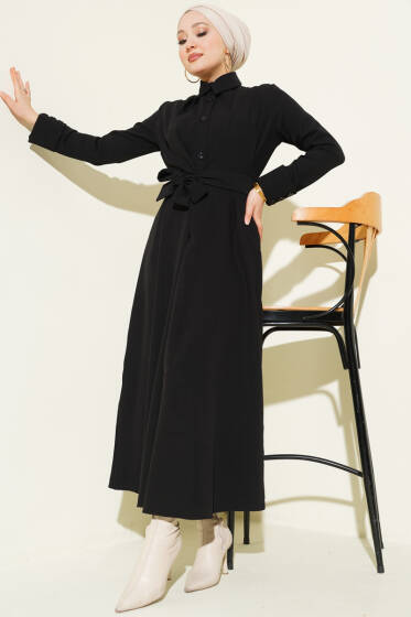 Boydan Düğmeli Pensli Kuşaklı Elbise Siyah - Elbise