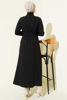 Boydan Düğmeli Pensli Kuşaklı Elbise Siyah - Elbise