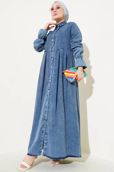 Boydan Düğmeli Pile Detaylı Kot Elbise Kot - Tesettür Elbise