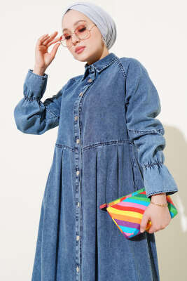 Boydan Düğmeli Pile Detaylı Kot Elbise Kot - Tesettür Elbise